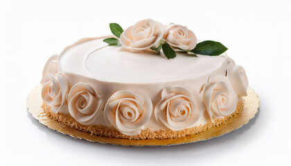 Delicious Cake Decorated With Cream Roses For Celebration Isolated On White