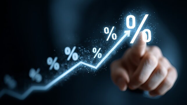 Hand touches glowing digital graph showing increasing percentages and financial growth in a dark, futuristic setting