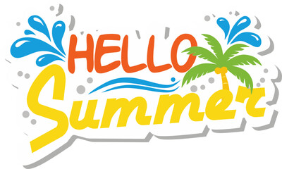 Colorful Graphic Hello Summer Typography with Palm Tree and Water Elements