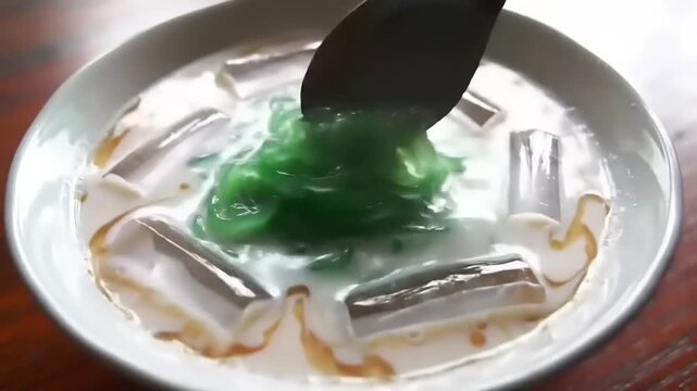 Green dessert with coconut milk, and ice.