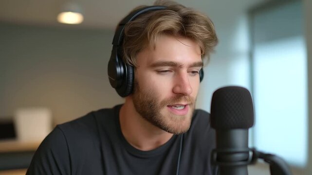 Professional Man Recording Voice Over in Studio Setup for Content Creation