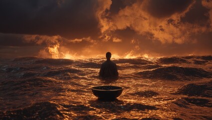 A solitary figure amidst a fiery, stormy sea
