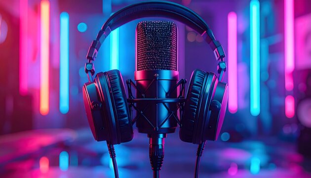 Micr&oacute;fono de estudio con auriculares colgados iluminado por luces LED ne&oacute;n rosas y azules
