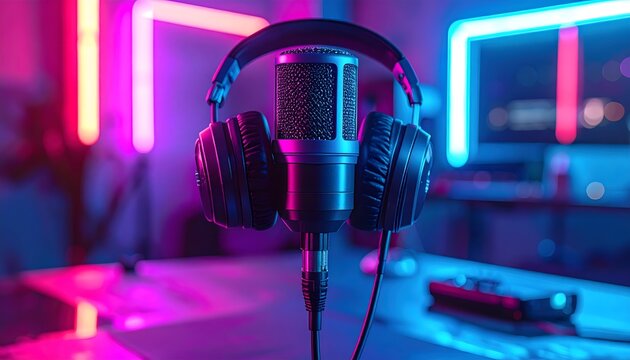 Micr&oacute;fono de estudio con auriculares sobre mesa de grabaci&oacute;n iluminada con luces LED ne&oacute;n azul y rosa