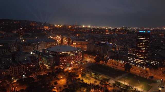 night time illumination show barcelona city famous palace traffic street square mall exterior aerial panorama 4k spain