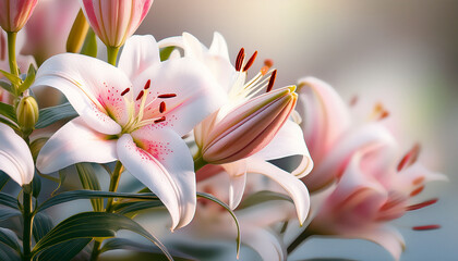 White Lily In Bloom With Pink Buds On A Soft Background