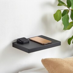 Black Floating Shelf with Phone and Charger on Wall, Minimalist, Decor