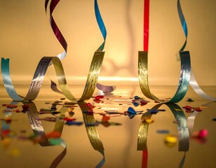 Party streamers and confetti reflected on a surface