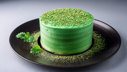 A Cake Perched Atop A Dark Plate Green Frosted And Adorned With Mint Sprinkles