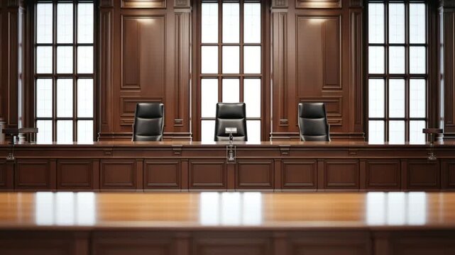 Courtroom bench (empty) &ndash; Serious, authoritative &ndash; Positioned in symmetry &ndash; Dark wooden interior background