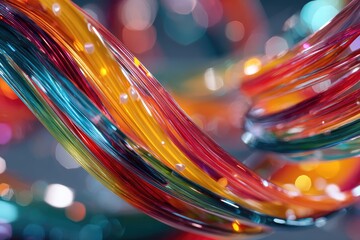 Abstract swirling ribbons of vibrant colors against a blurred background of lights