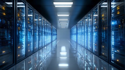 Futuristic server room glowing with vibrant blue lights, representing advanced technology and data processing power for modern digital infrastructure solutions.