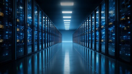 Immersive digital data center corridor with glowing blue server racks and modern overhead lighting creating a futuristic technological atmosphere