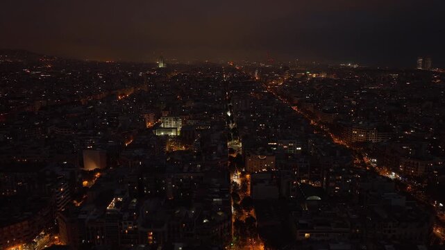 night time illumination barcelona city traffic aerial panorama 4k spain