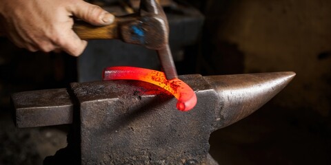 A blacksmith forges metal on an anvil, shaping it with a hammer and creating art.