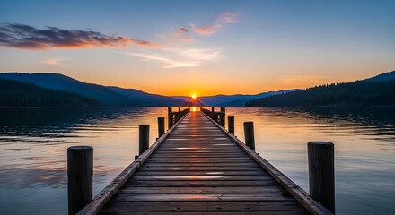 Wooden Pier Extending Into A Serene Lake At Sunset.