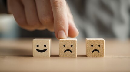 Customer feedback assessment choosing between happy and sad faces on wooden cubes for service evaluation and satisfaction surveys