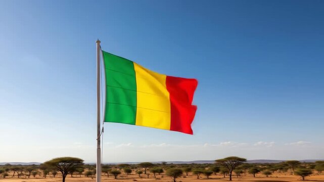 vibrant flag with green, yellow, and red stripes against clear blue sky over arid landscape with acacia trees. national pride, african identity. travel guide. mali proclamation of independence