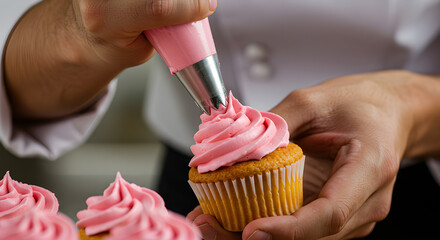 Chef decorating cupcake with pink frosting using a pastry bag, close-up.