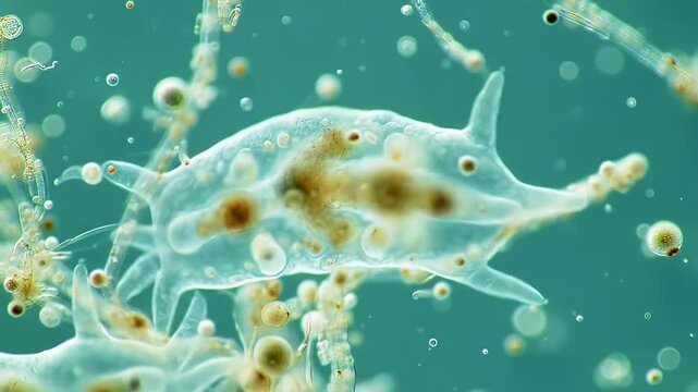 Detailed Microscopic View of Amoeba with Intricate Cytoplasmic Structures and Transparent Pseudopodia in Turquoise Fluid Under Bright Field Illumination for Scientific Visualization