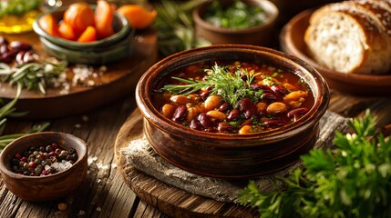 Hearty bean stew served in rustic bowl with fresh herbs, crusty bread, and vibrant vegetables, perfect for cozy autumn meals and culinary blogs