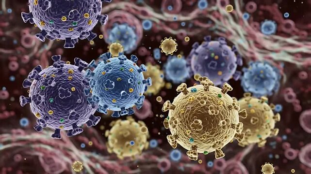 Detailed Microscopic View of Floating Colorful Virus Cells and Molecules in a Red Blood Stream Background Under Laboratory Conditions Visualizing Viral Infections and Immune System