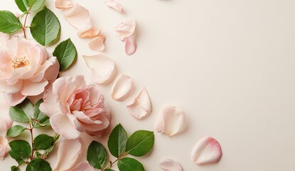 Pastel pink rose petals and leaves on a cream background