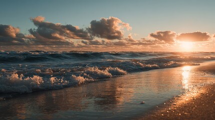 Stunning golden hour sunset paints dramatic clouds over dynamic ocean waves crashing onto serene sandy beach