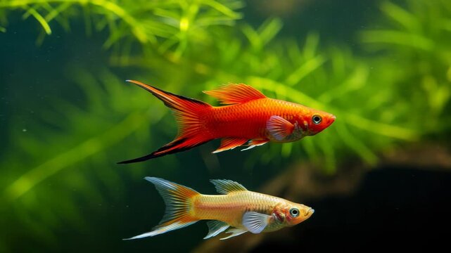 Two Tropical Fishes Swimming In Freshwater Tank with Green Plants and Subdued Lighting Shows AI Generated Details