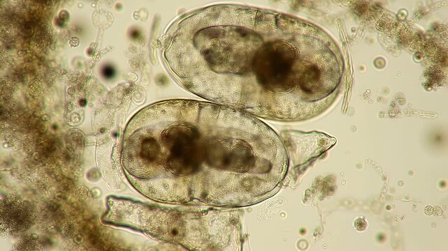 Detailed Microscopic View of Two Ascariasis Parasite Eggs in a Medical Research Setting Under Brightfield Illumination Displaying Transparent Shells and Internal Structures at High Magnification