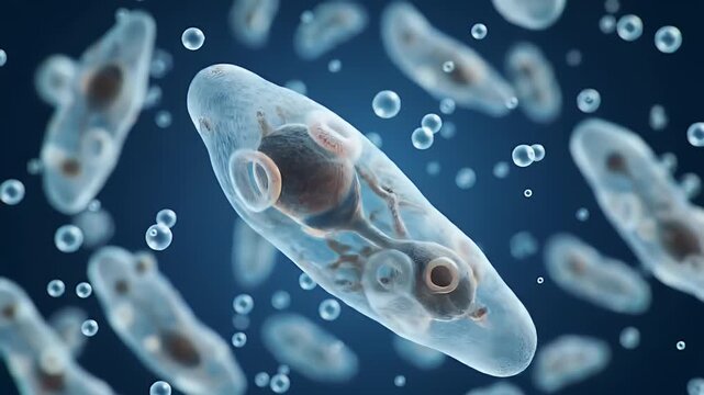 Detailed Microscopic Visualization of Parasitic Amoeba with Distinct Cellular Structures in a Deep Blue Environment for Medical Research and Educational Purposes and Scientific Backgrounds