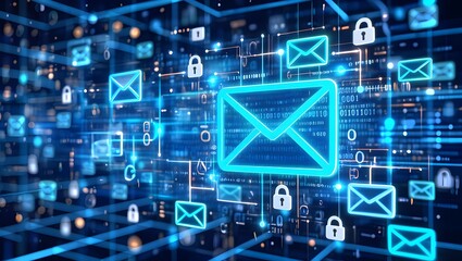 A blue and white image of a computer screen with many different icons, including an envelope and a lock