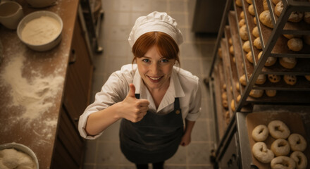 Happy female baker giving a thumbs up in a professional kitchen. High-angle portrait of a smiling chef in her bakery. Small business and job satisfaction concept.