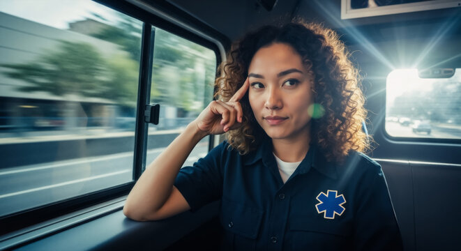 Professional female paramedic thinking inside a moving ambulance. Thoughtful first responder on duty. Emergency healthcare and medical services concept.