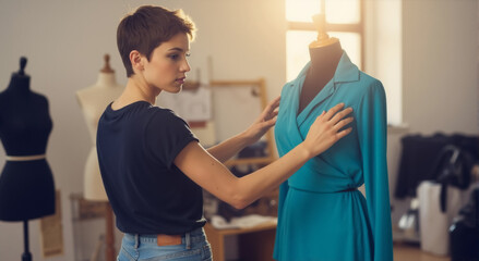 Young fashion designer working on a teal dress on a mannequin. Professional tailor creating clothes in a sunlit atelier. Craftsmanship and small business concept.