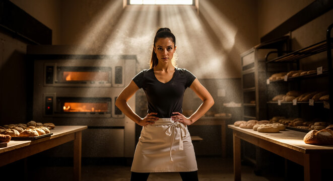 A strong confident female baker stands in her professional bakery. Artisanal bread production with industrial ovens. Small business and craftsmanship concept.