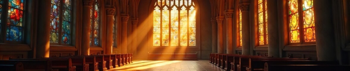 Serene sanctuary; sunlight streams through stained glass windows in a spiritual architectural space, creating a peaceful atmosphere of contemplation and reverence ,  tranquility,  cathedral