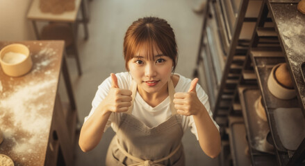 A happy Asian baker gives two thumbs up in her professional kitchen. Portrait of a successful small business owner. High-angle view.