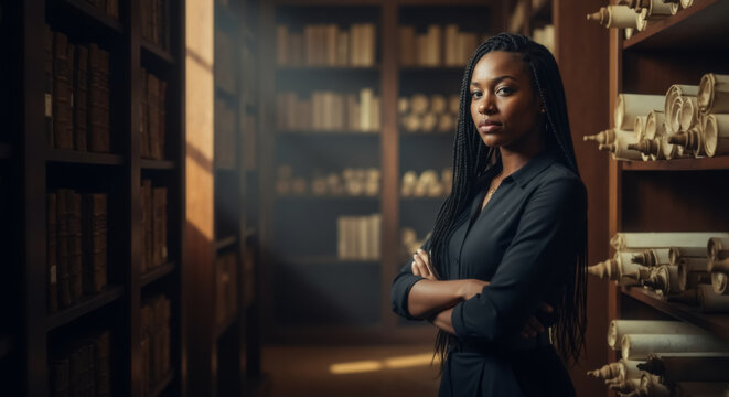 Confident Black professional woman in a historic library. Portrait of a scholar surrounded by books and ancient scrolls. Knowledge and education concept.