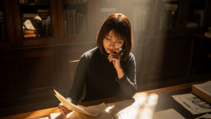 An academic woman researches a historical document in a dimly lit library. Atmospheric scene of intense study and concentration.