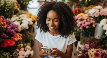 Smiling young Black woman using a smartphone in a vibrant flower shop. Happy customer shopping for flowers online.