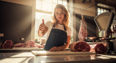 Confident female butcher giving a thumbs up in a sunlit meat shop. Professional worker recommending quality fresh beef. Small business and customer satisfaction concept.