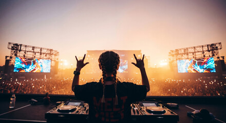 Female DJ performing on stage at a music festival. View from behind the artist facing a large crowd at sunset. Live entertainment concept.