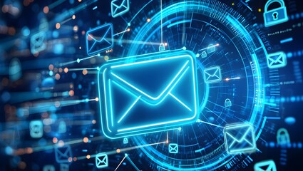 A blue and white image of a computer screen with many different icons, including an envelope and a lock