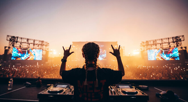 Female DJ performing on stage at a music festival. View from behind the artist facing a large crowd at sunset. Live entertainment concept.