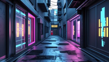 Naklejka premium Neon-Lit Cyberpunk Alleyway: A Futuristic Urban Exploration