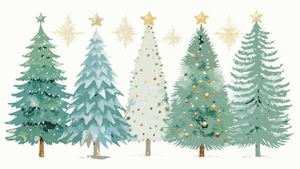 Collection of watercolor christmas trees with stars and ornaments isolated on white background