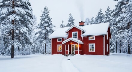 Red Wooden House in Snowy Forest.