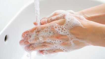 Fototapeta premium Close-up of human hands with light skin washing under running water with abundant white soap suds in a white sink