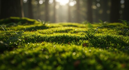 Naklejka premium Green Moss Close Up with Fern Frond in Sunny Forest Scene
